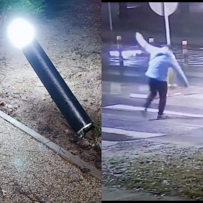 Dwa zdjęcia: po lewej stronie uszkodzona lampa przy chodniku na terenie Parku Tysiąclecia w Krośnie Odrzańskim, na drugim sprawca, który przechodzi przez przejście dla pieszych na ul. Poznańskiej.